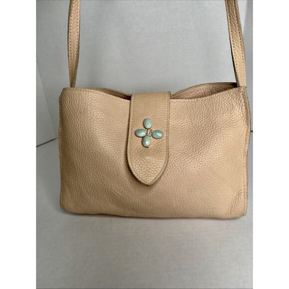 Two Bar West Leather Beige peach Cowhide shoulder bag Purse w/ Turquoise accent - Picture 8 of 13